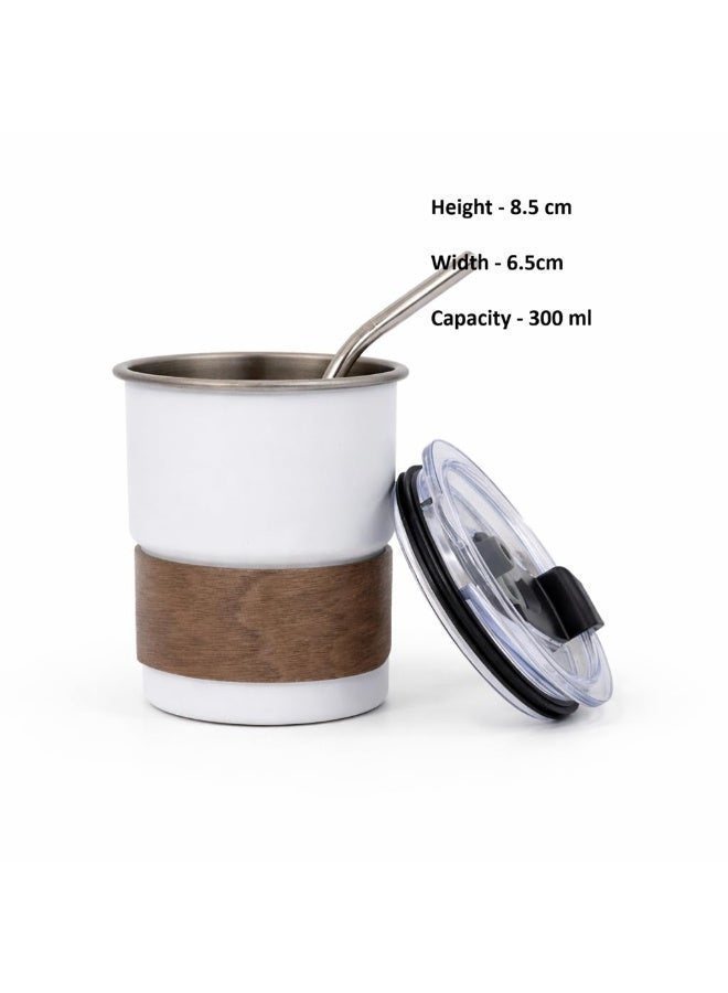 Insulated Stainless Steel Tumbler Beverage Mug with Lid & Steel Straw Wooden Grip Tea / Coffee Cup - Image 2